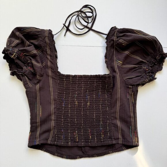 🍄 50% OFF - Free People Corset Top Brown Espresso Bean Striped Shirt Blouse - Picture 8 of 15